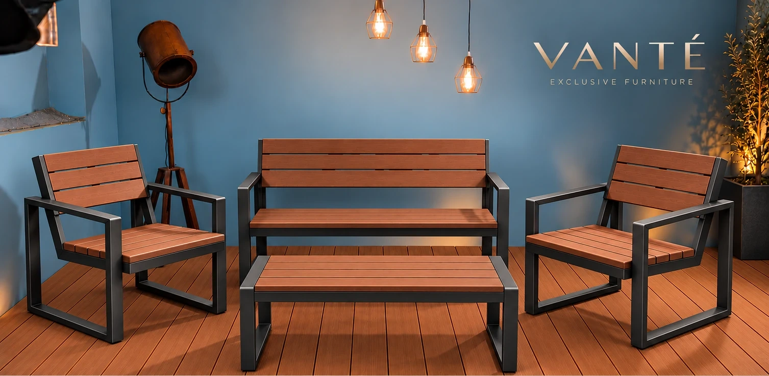 Conjunto VANTÉ ORIGEN con estructura grafito y tablas WPC en un ambiente cálido